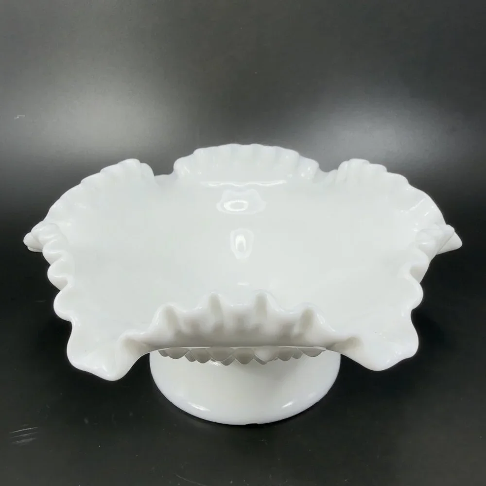 Fenton Hobnail Milk Glass Ruffled Edge Footed Dish Bowl Container White Vintage